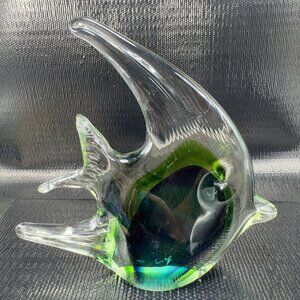 Vintage 1980s Art Glass Fish Figurine Paperweight Heavy Glass Ombré Green Blue